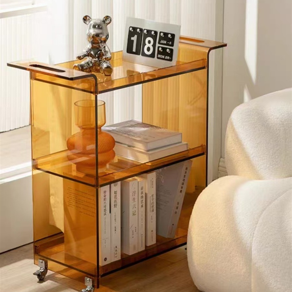 Amber acrylic rolling side trolley with storage shelves