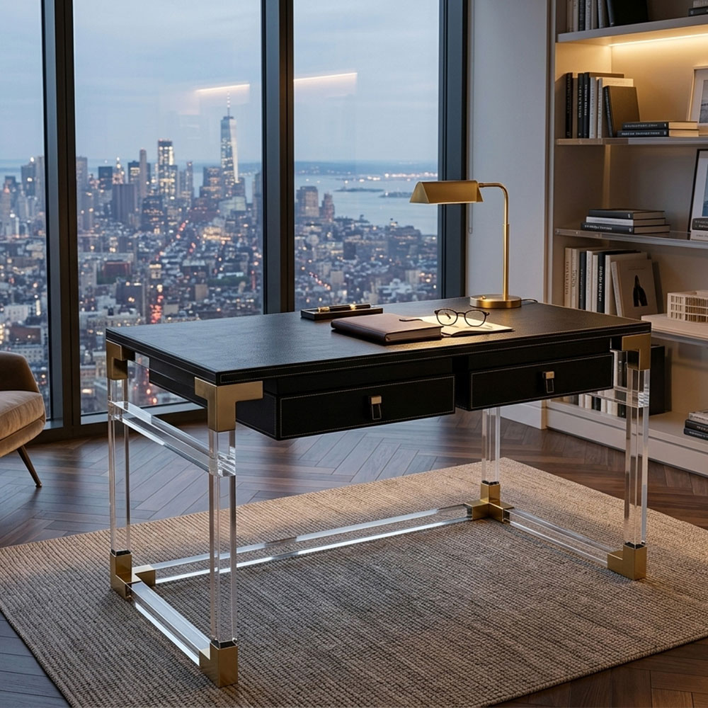 Black acrylic writing desk with clear legs and gold accents
