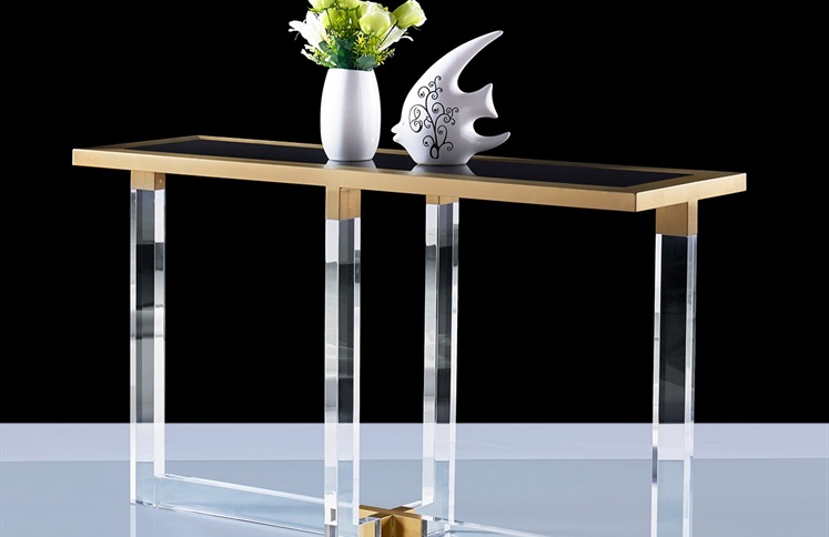 Black glass top console table with gold frame and acrylic legs