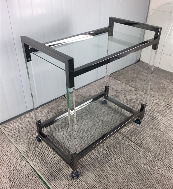 Black metal and clear acrylic service trolley with wheels