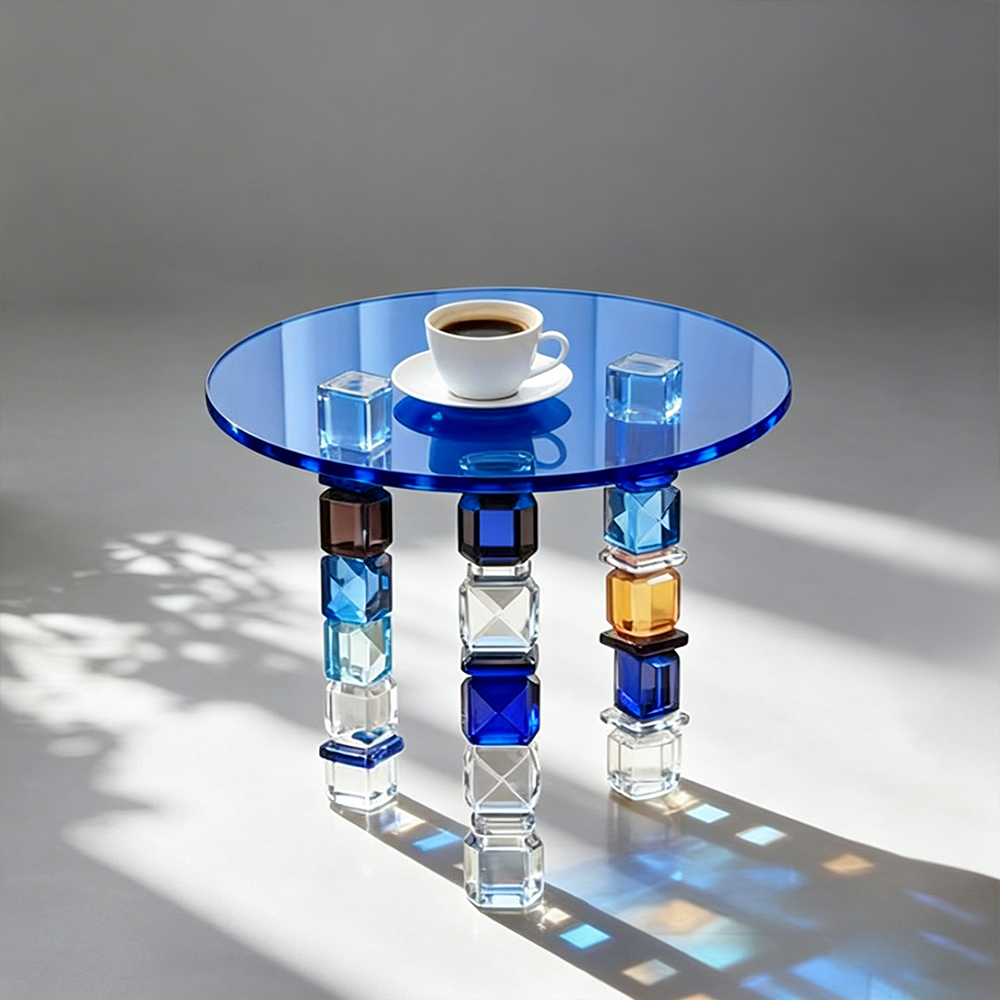 Blue round acrylic side table, colored furniture wholesale OEM
