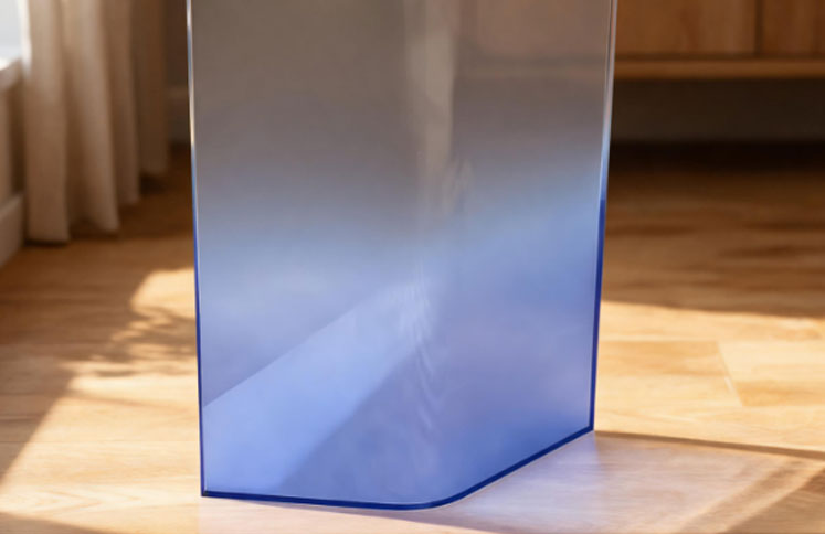 Blue translucent acrylic room divider panel with curved edge