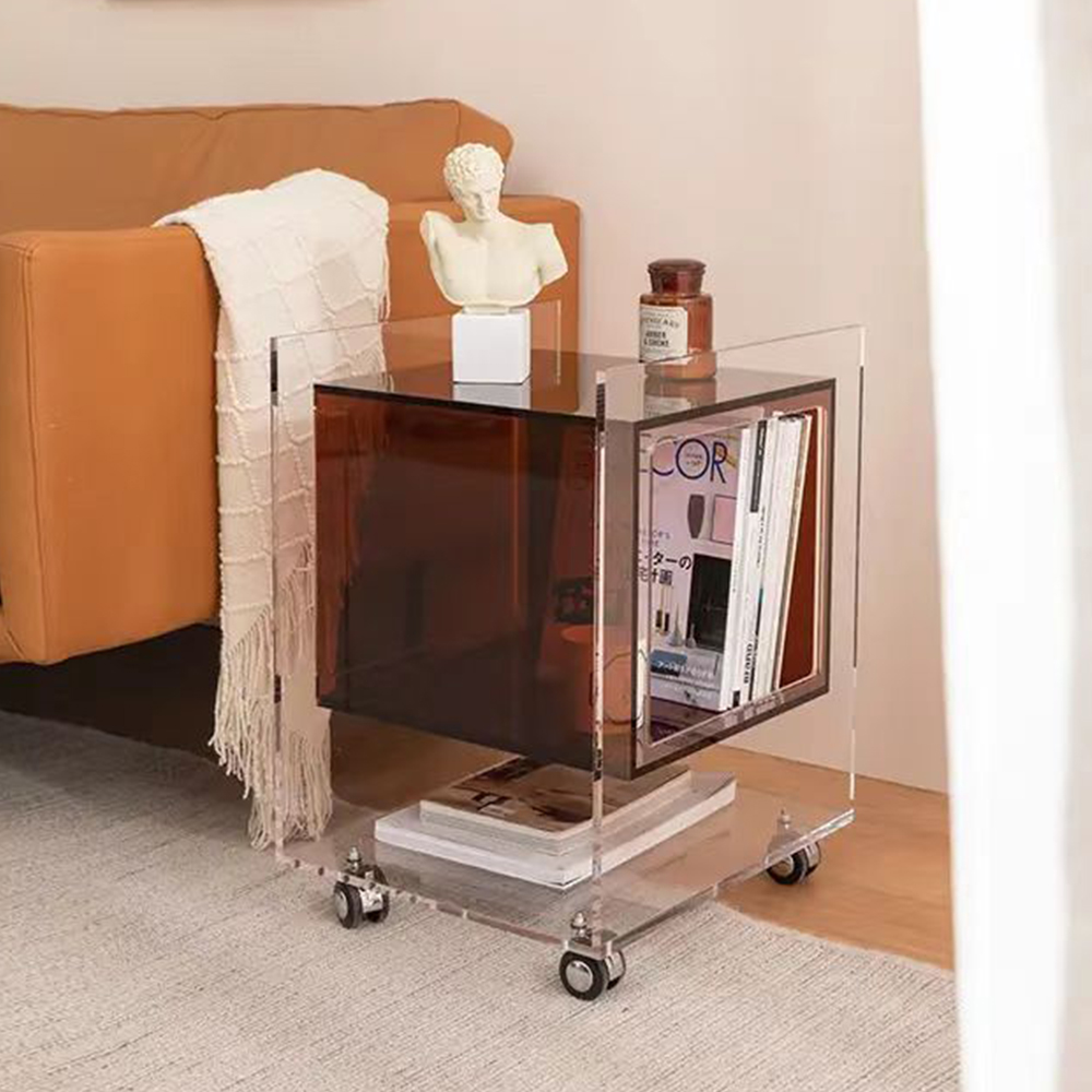 Brown acrylic side table with wheels, wholesale furniture OEM