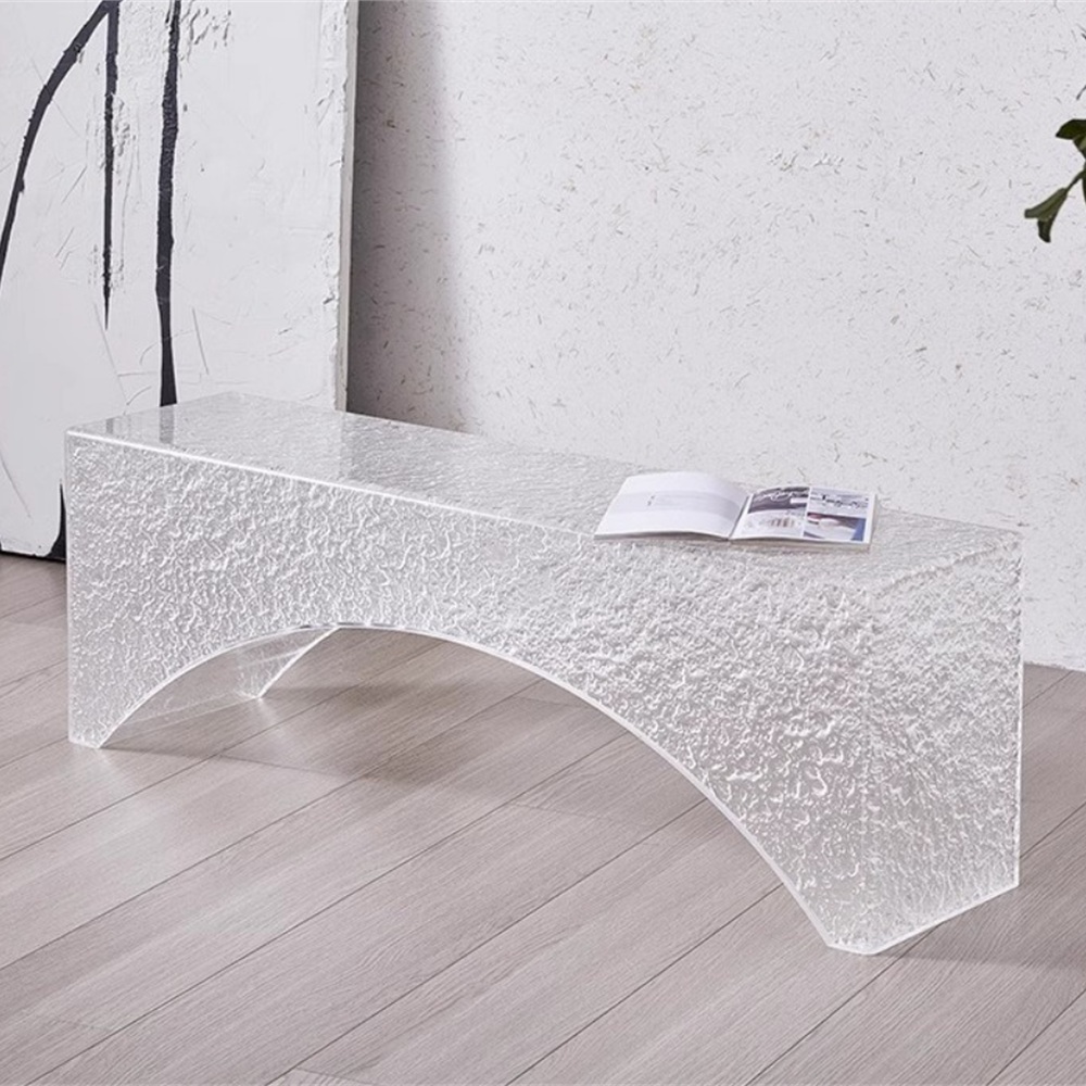 Cast clear ice cracked textured acrylic arched bench