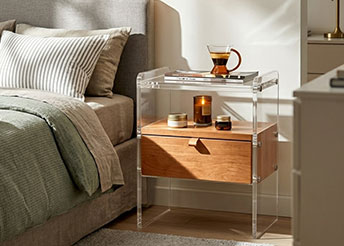 Clear acrylic bedside table with wood drawer
