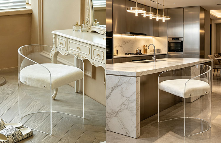 Clear acrylic chair with white cushion for kitchen and vanity