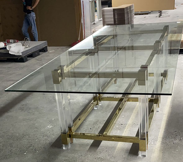 Clear acrylic coffee table with glass top and gold frame