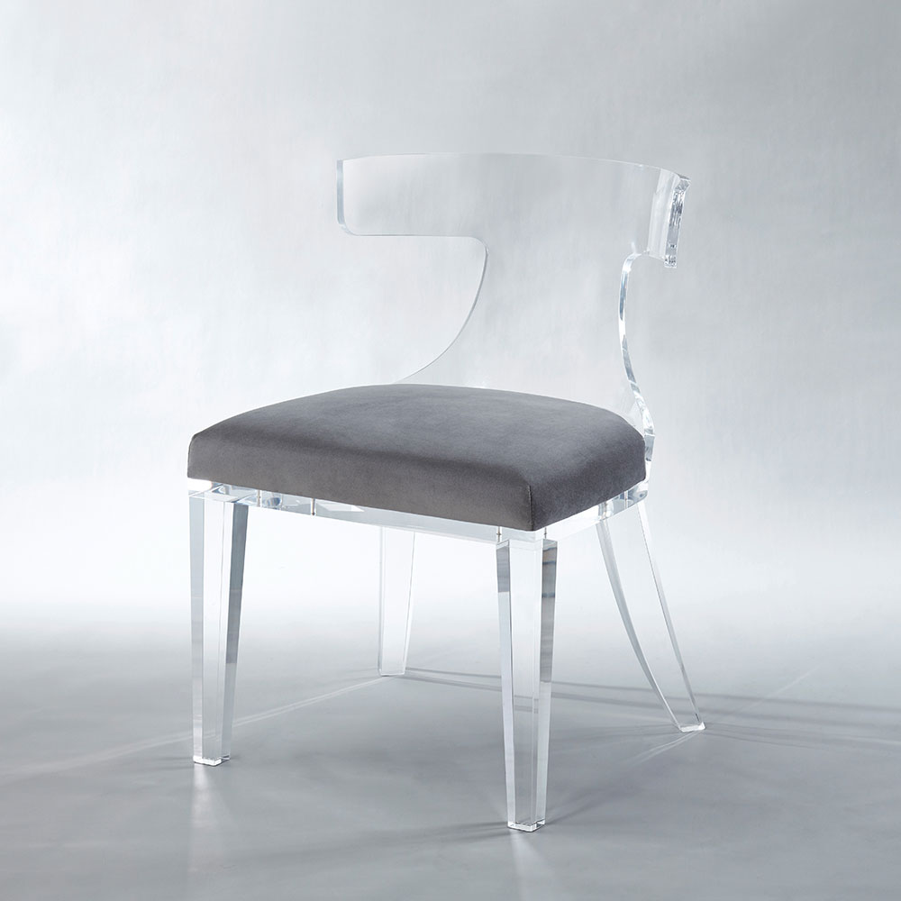 Clear acrylic dining chair with gray cushion