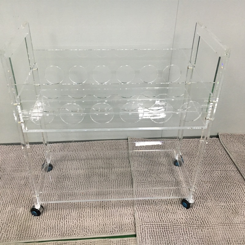 Clear acrylic rolling wine cart with bottle holder rack and wheels