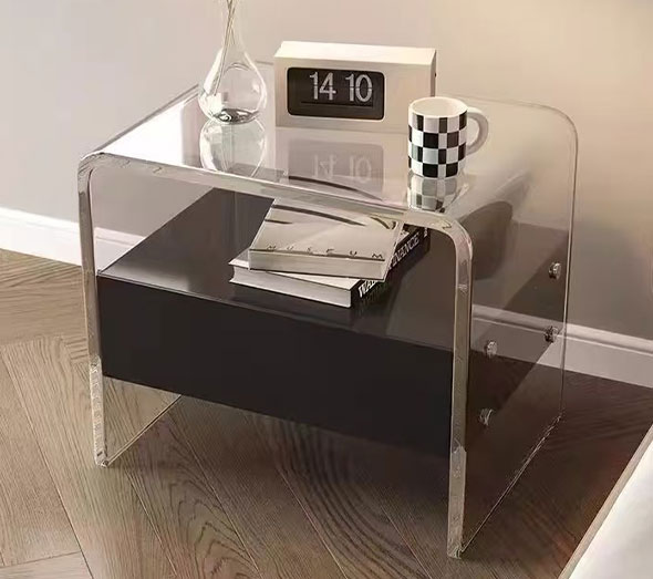 Clear acrylic side table with black drawer