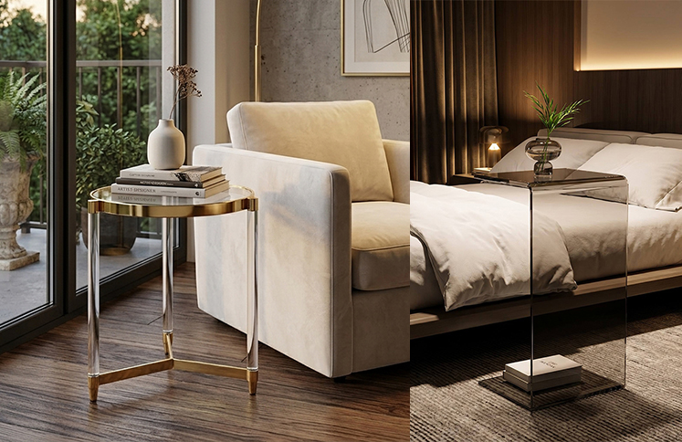 Clear and tinted acrylic side tables for living room and bedroom, transparent acrylic furniture for interior wholesale
