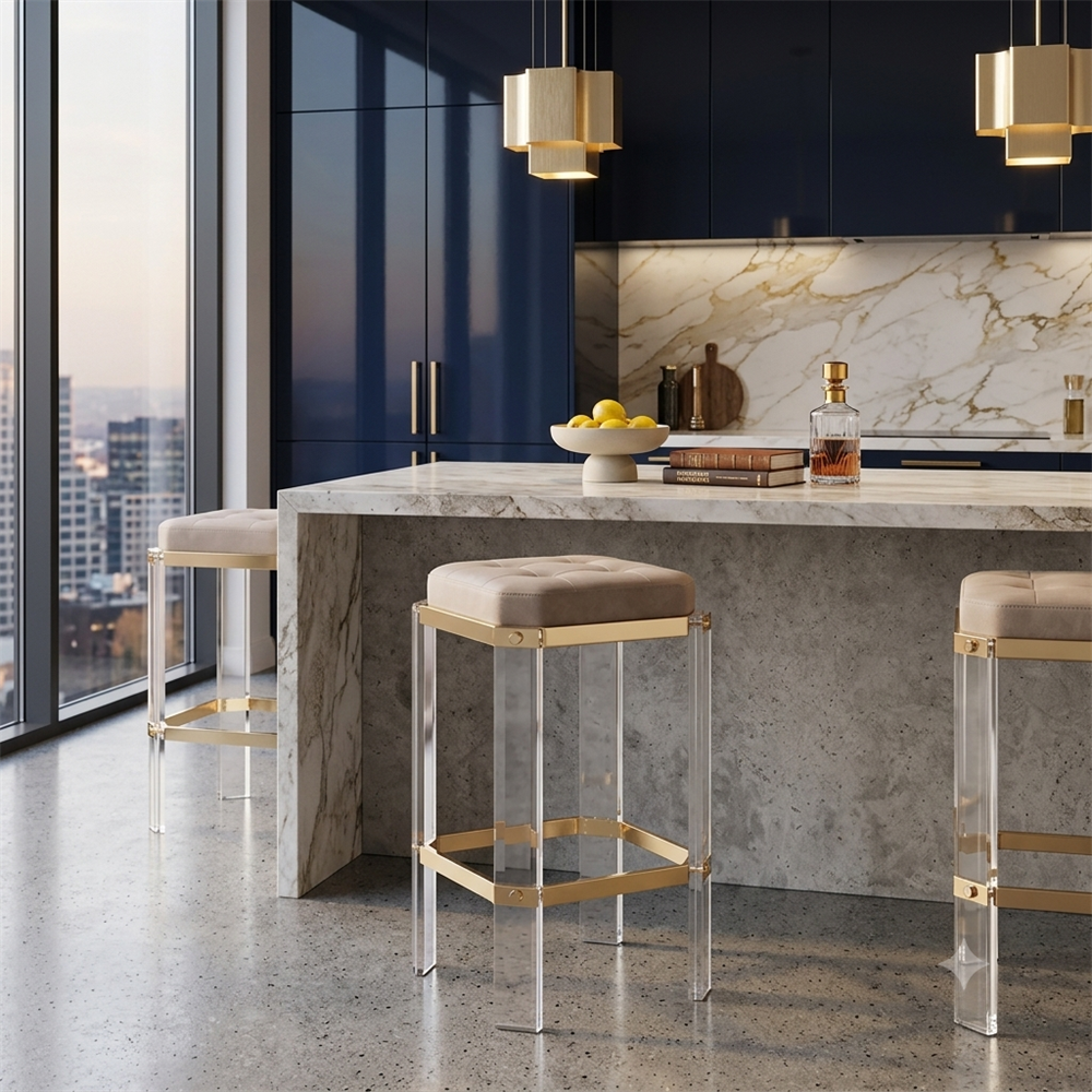 Cream upholstered acrylic bar stools with gold metal trim