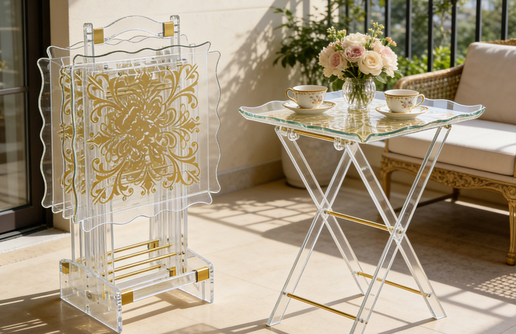 Custom laser engraved acrylic folding tray table with gold pattern, branded acrylic furniture for wholesale OEM