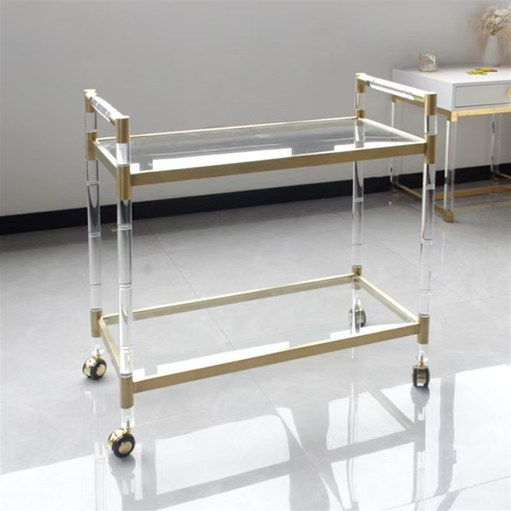 Gold metal and clear acrylic bar trolley with wheels