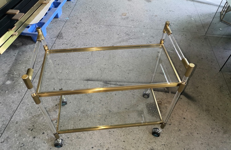 Gold metal and clear acrylic two tier bar trolley with wheels