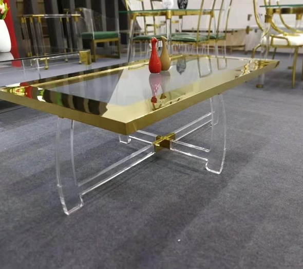 Gold stainless steel and clear acrylic base coffee table