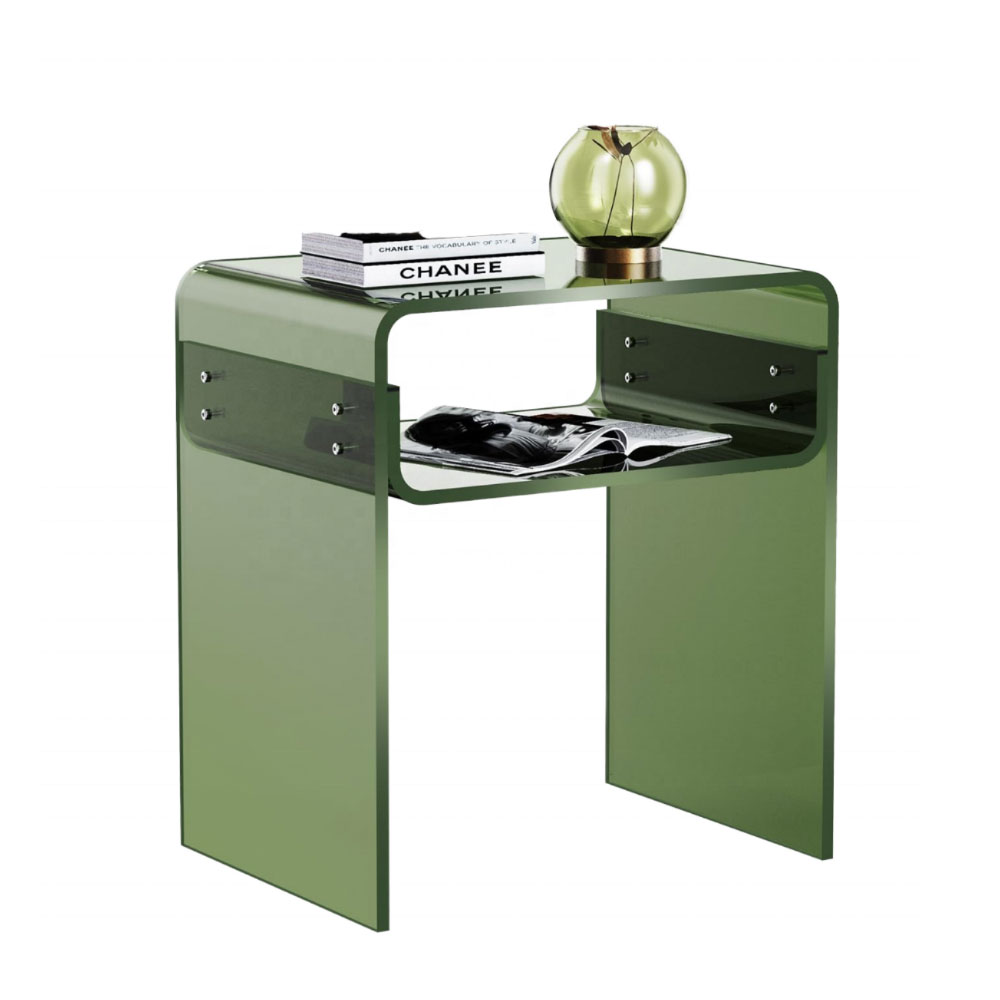 Green acrylic side table with drawers and storage shelf