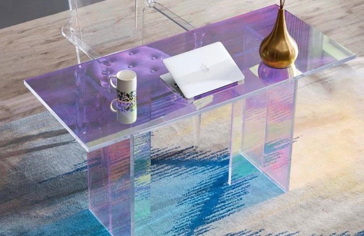 Iridescent acrylic coffee table with clear legs