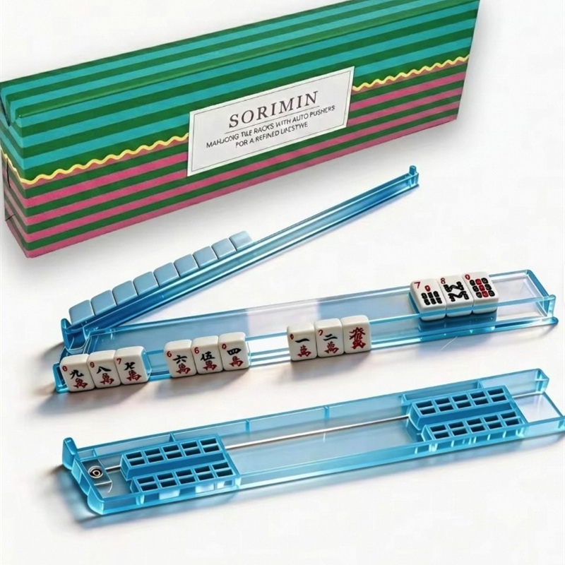 Light blue acrylic mahjong rack with auto pusher and gift box