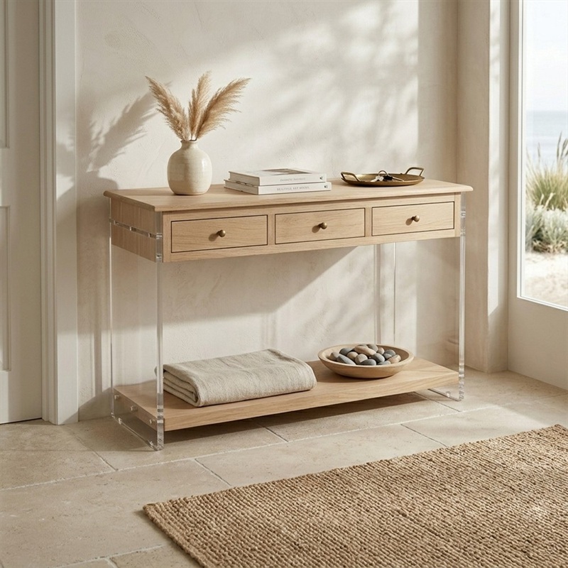 Natural oak wood console table with drawers and acrylic legs