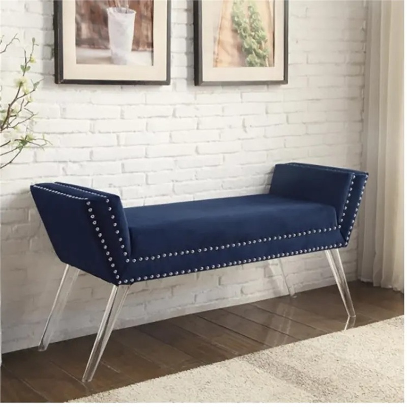 Navy blue velvet bench with studs and clear acrylic legs