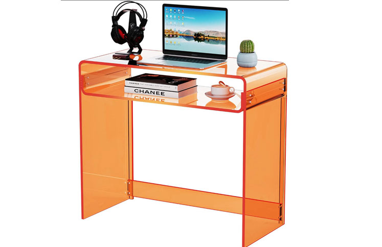 Orange acrylic desk with storage shelves