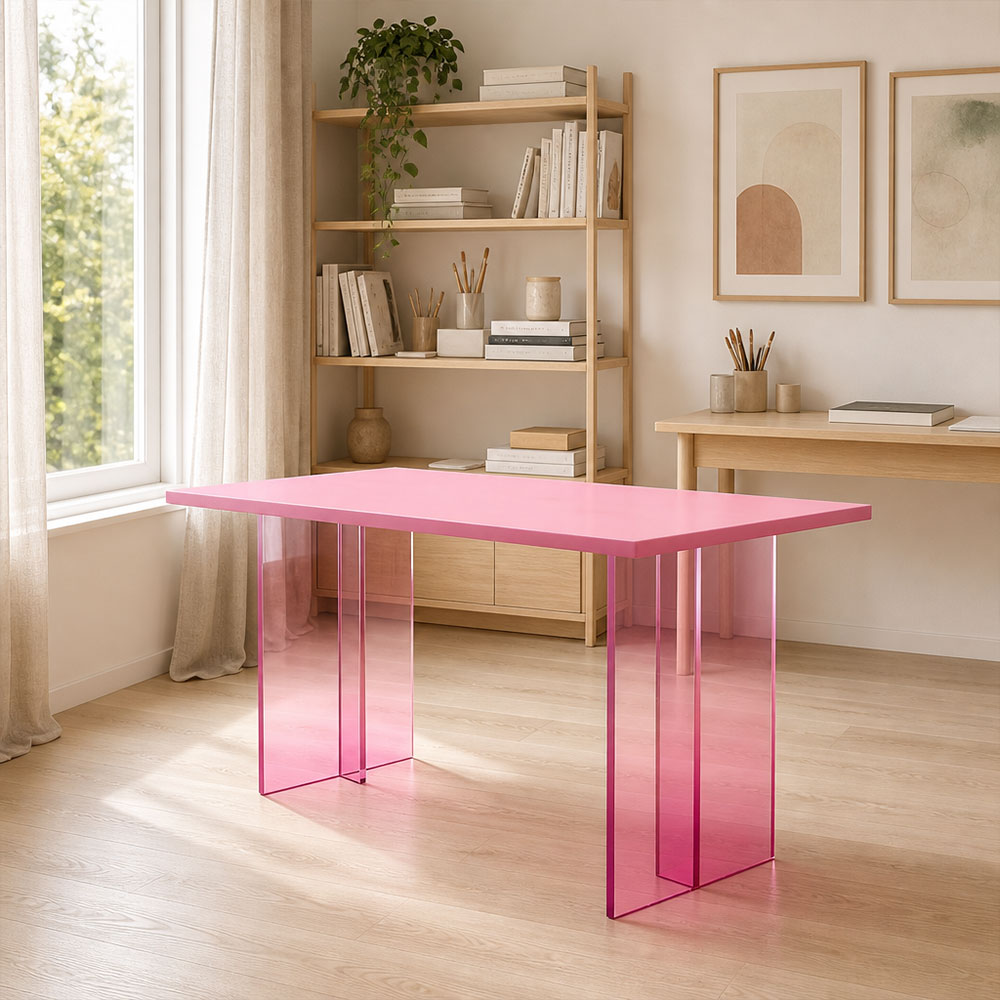 Pink acrylic desk with transparent legs in modern home office