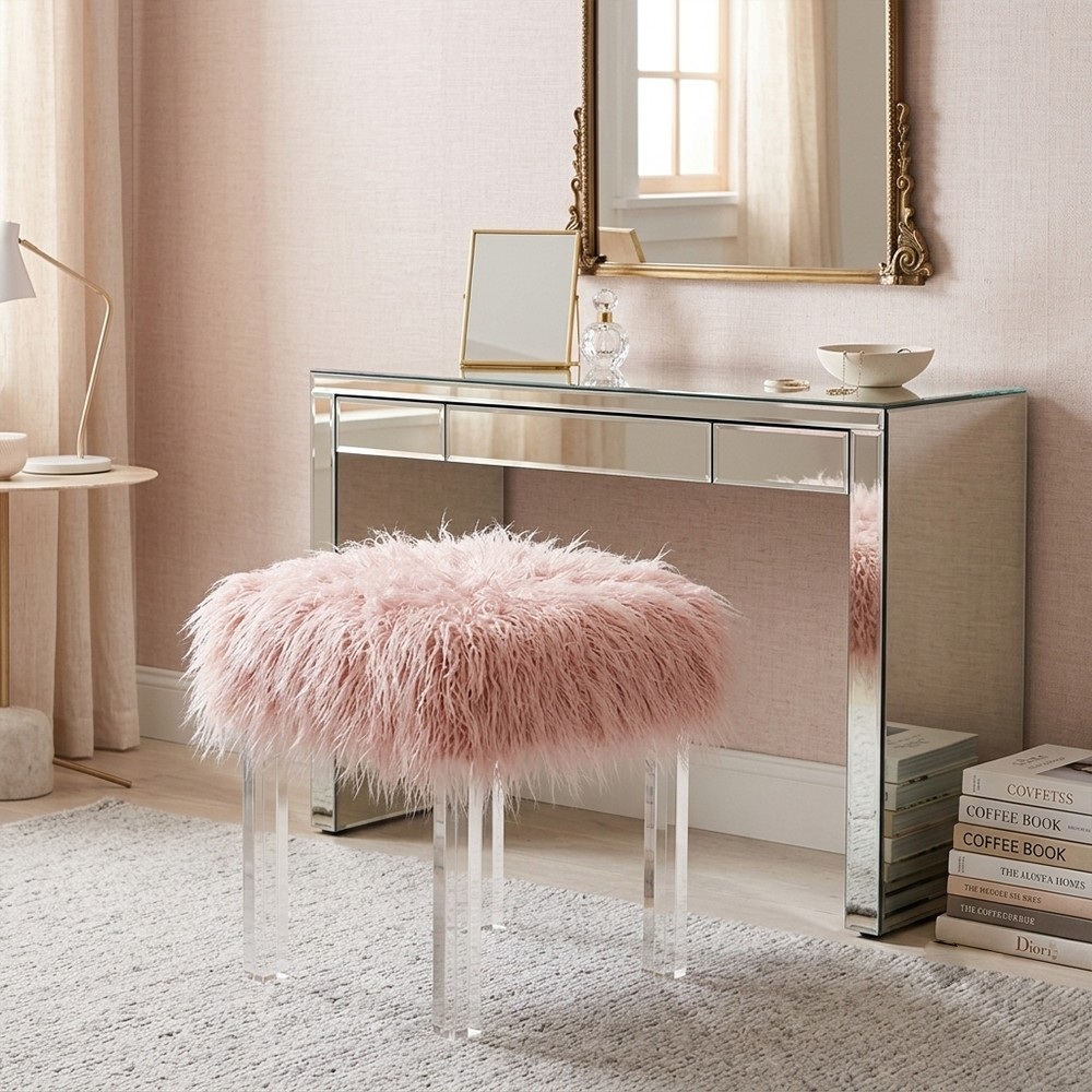 Pink faux fur vanity stool with clear acrylic legs