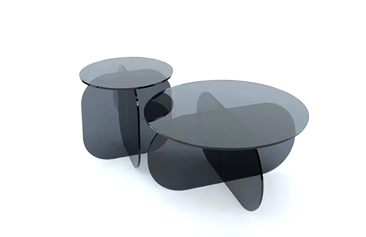 Smoke grey acrylic coffee table set with round top and curved base, tinted acrylic furniture for modern interior wholesale