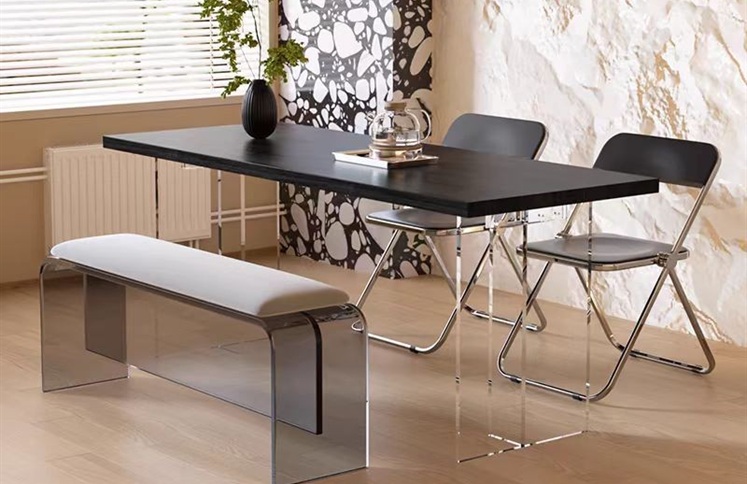 Smoked acrylic waterfall bench with cushion and dining table