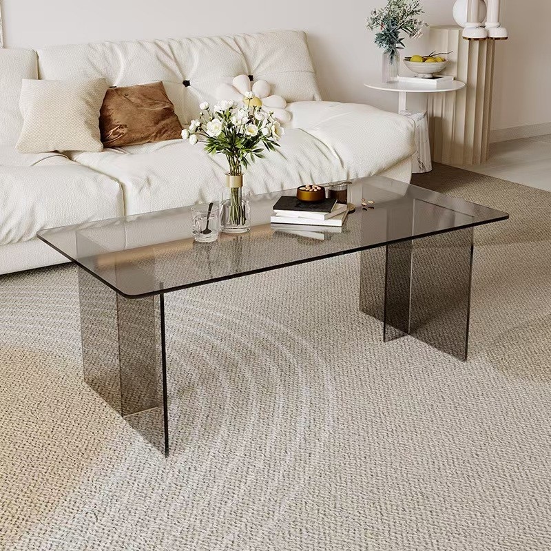 Smoked grey acrylic rectangular coffee table in living room
