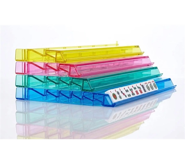 Stackable colorful translucent acrylic mahjong tile racks with tiles