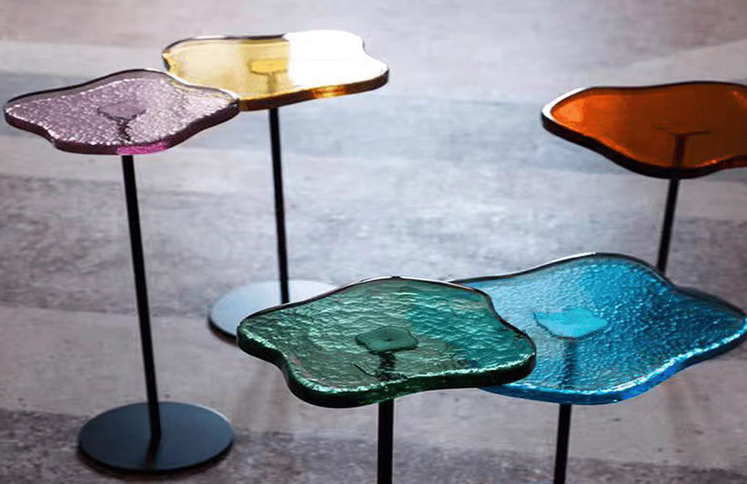 Textured colored acrylic side tables with irregular organic top on metal base, custom acrylic furniture wholesale OEM