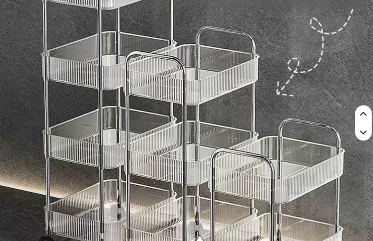 Tiered clear acrylic rolling storage cart with wheels
