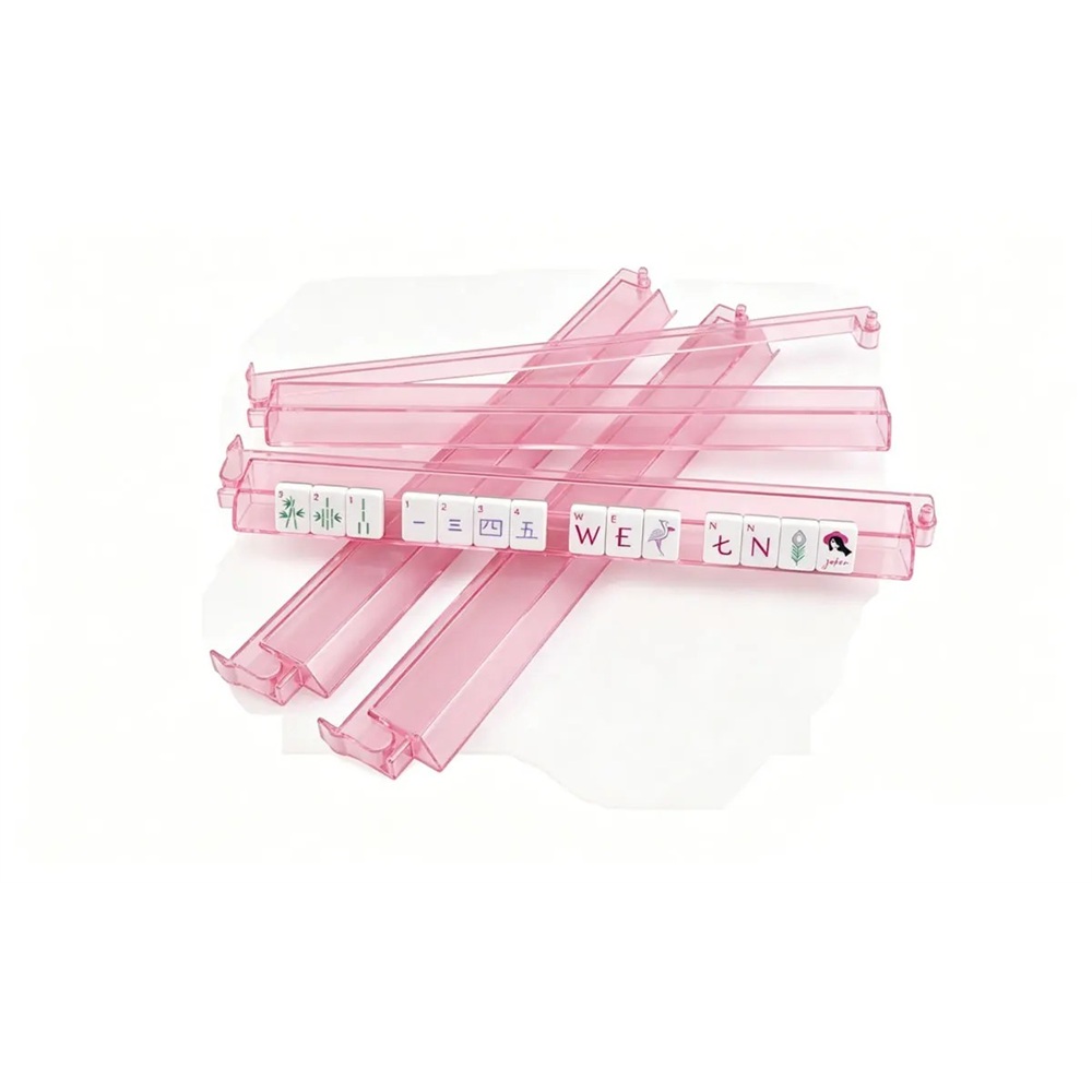 Transparent pink acrylic mahjong rack and pusher set with tiles