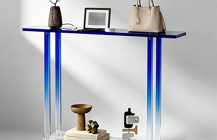 Two tier blue gradient acrylic console table with decor