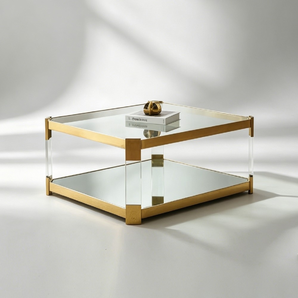 Two tier square mirrored coffee table with gold frame and acrylic legs