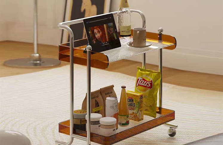 Vintage amber acrylic two tier bar cart with chrome frame