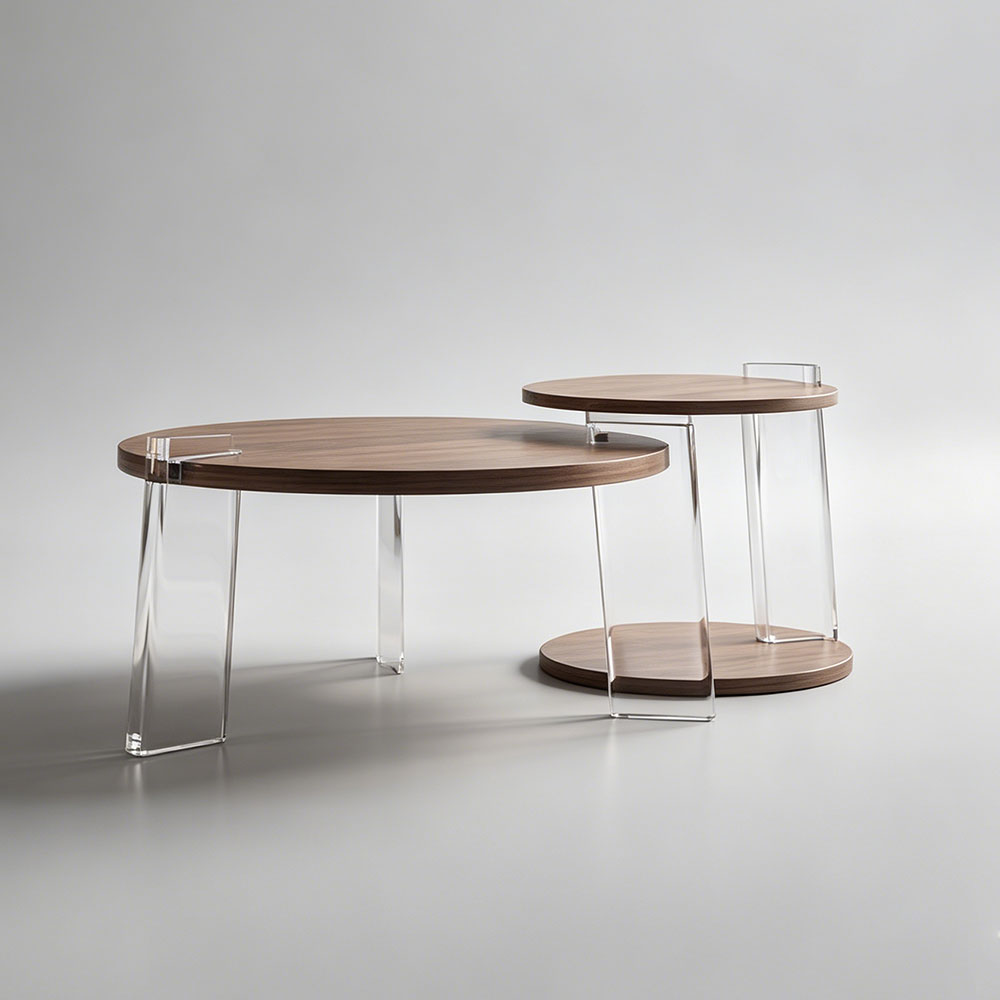 Walnut nesting tables with clear acrylic legs
