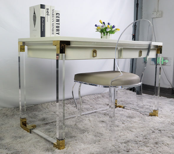 White acrylic writing desk with gold accents