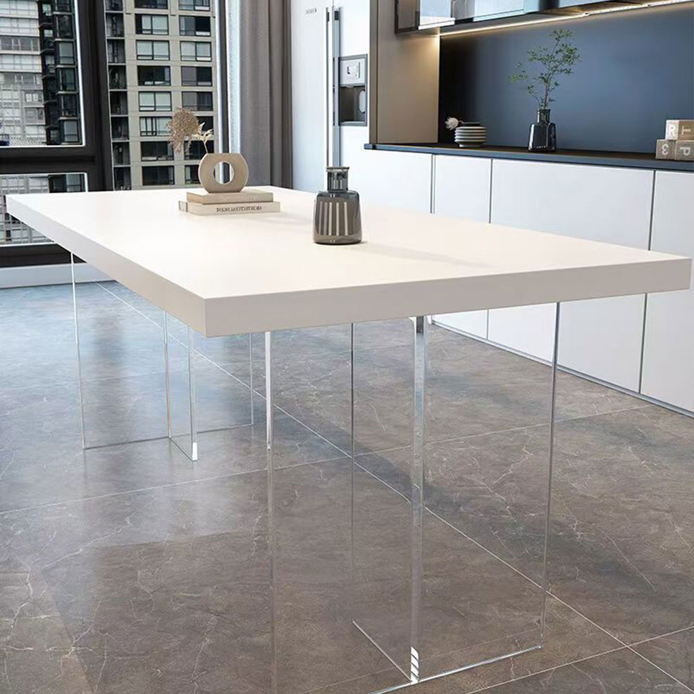 White dining table with clear acrylic legs