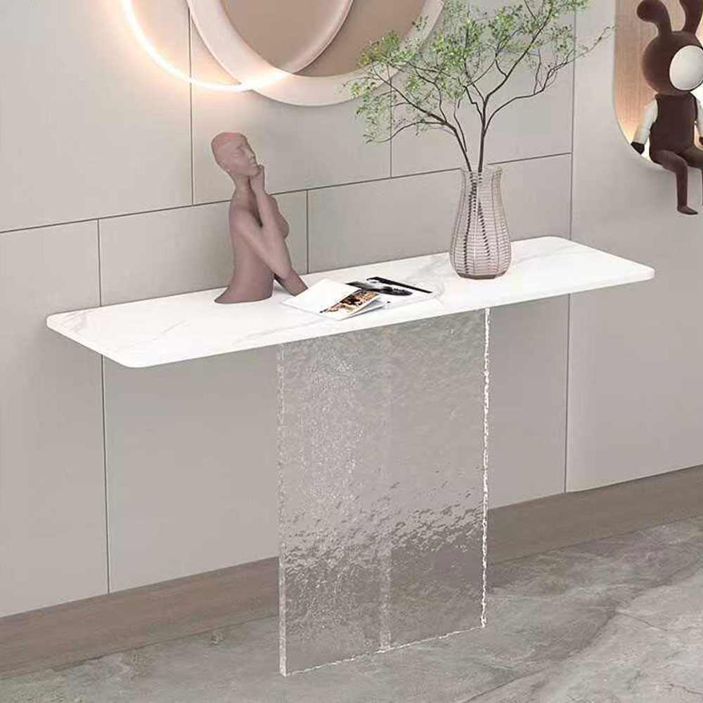 White marble console table with textured acrylic base