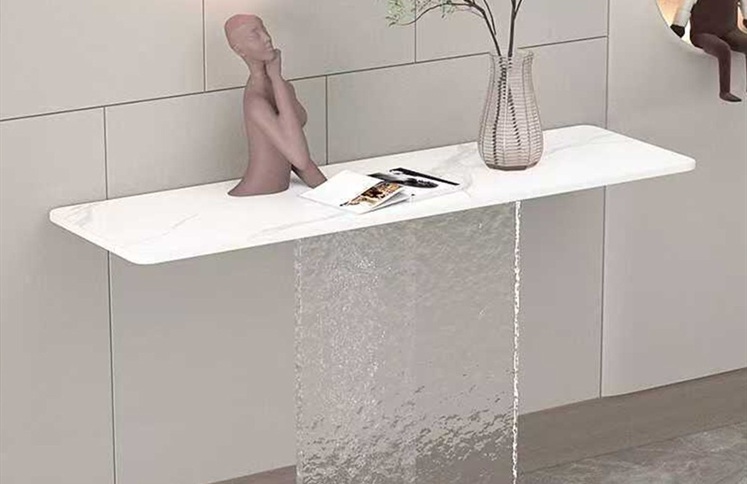 White marble console table with textured acrylic slab pedestal