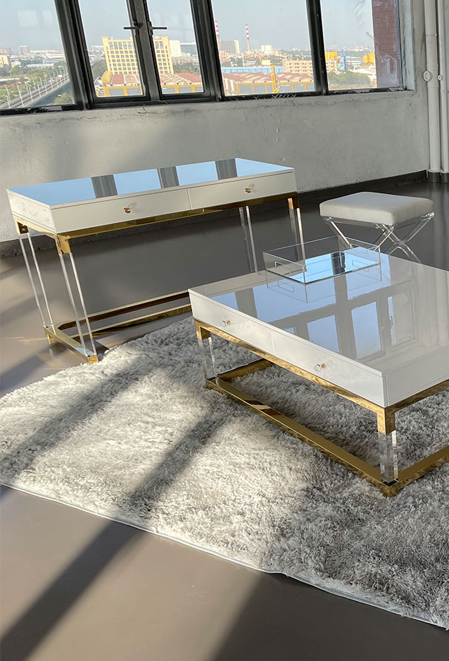 White mirrored coffee table and console with clear acrylic legs