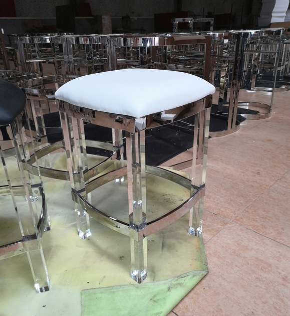 White upholstered chrome bar stool with mirrored metal frame