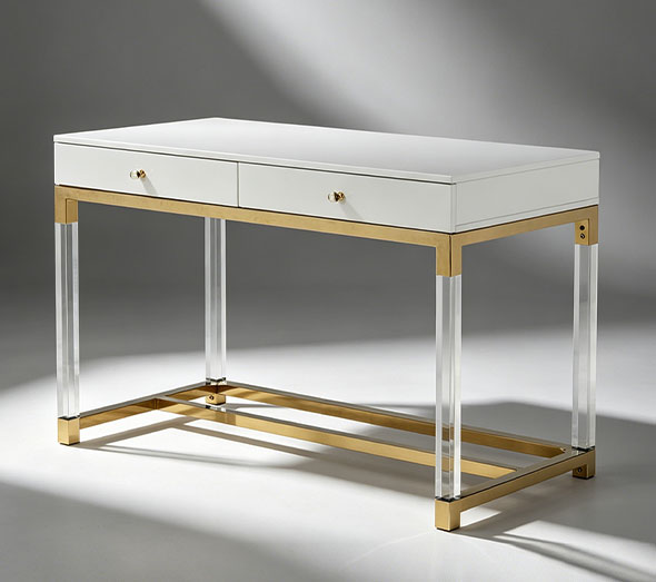 White writing desk with clear acrylic legs and gold frame