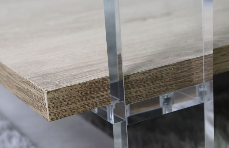 Wood tabletop with clear acrylic legs and mounting bracket