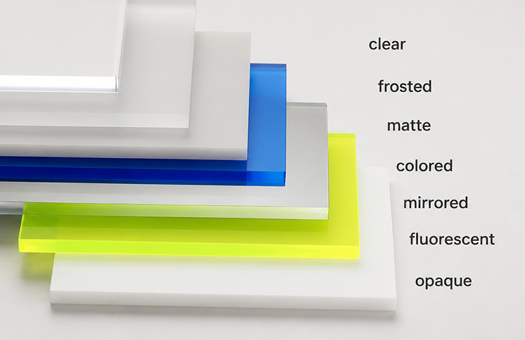 acrylic-sheet-surface-finish-samples-with-clear-frosted-matte-colored-mirrored-fluorescent-and-opaque-effects