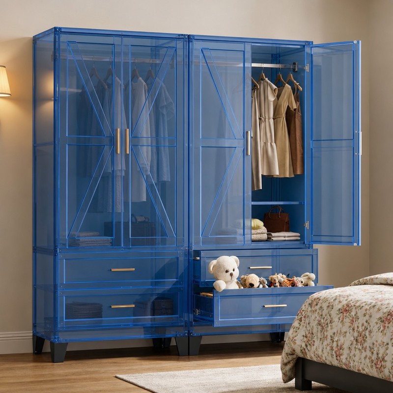 blue-acrylic-wardrobe-with-drawers-and-glass-doors
