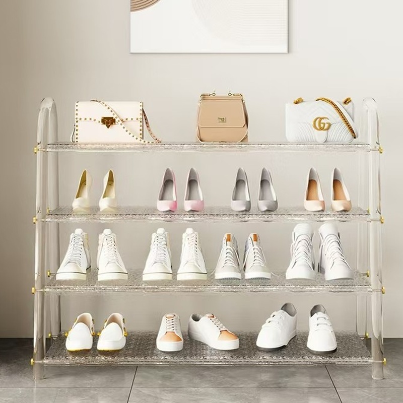 clear-acrylic-4-tier-shoe-rack-gold-hardware-entryway-handbag-display-shelf